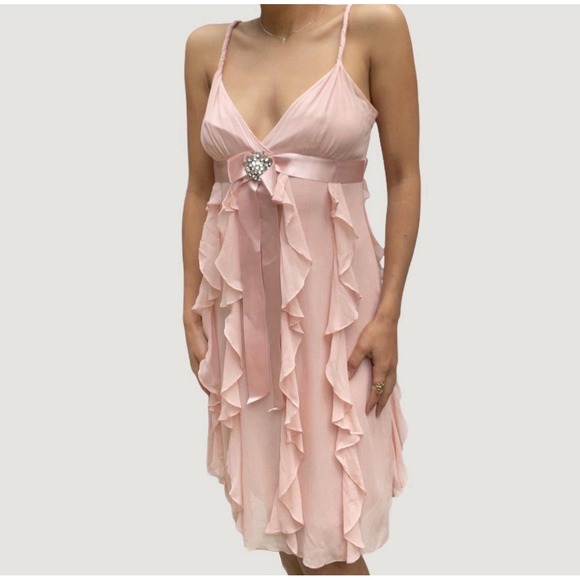 BCBGMaxAzria Dresses & Skirts - BCBG MAX AZRIA Strappy Dress Cascading Ruffle Silk Fairy Blush Pink Sz 2